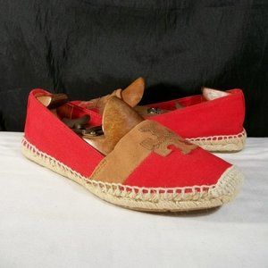 TORY BURCH ANGUS FLAT RED CANVAS, LEATHER & JUTE ROPE WEDGE ESPADRILLES 8M